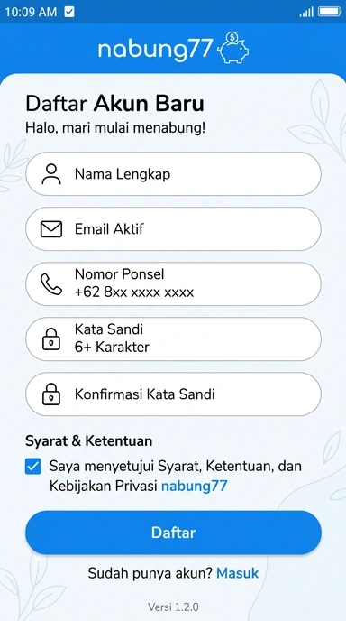 Tampilan halaman daftar nabung77